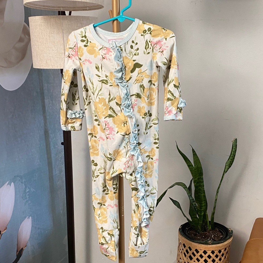 SweetHoney Floral Ruffle Footie‎ Romper in Light Blue and Yellow